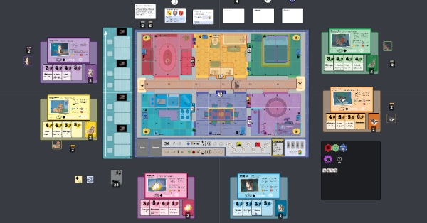 Top down view of a house surrounded by 6 cat player mats