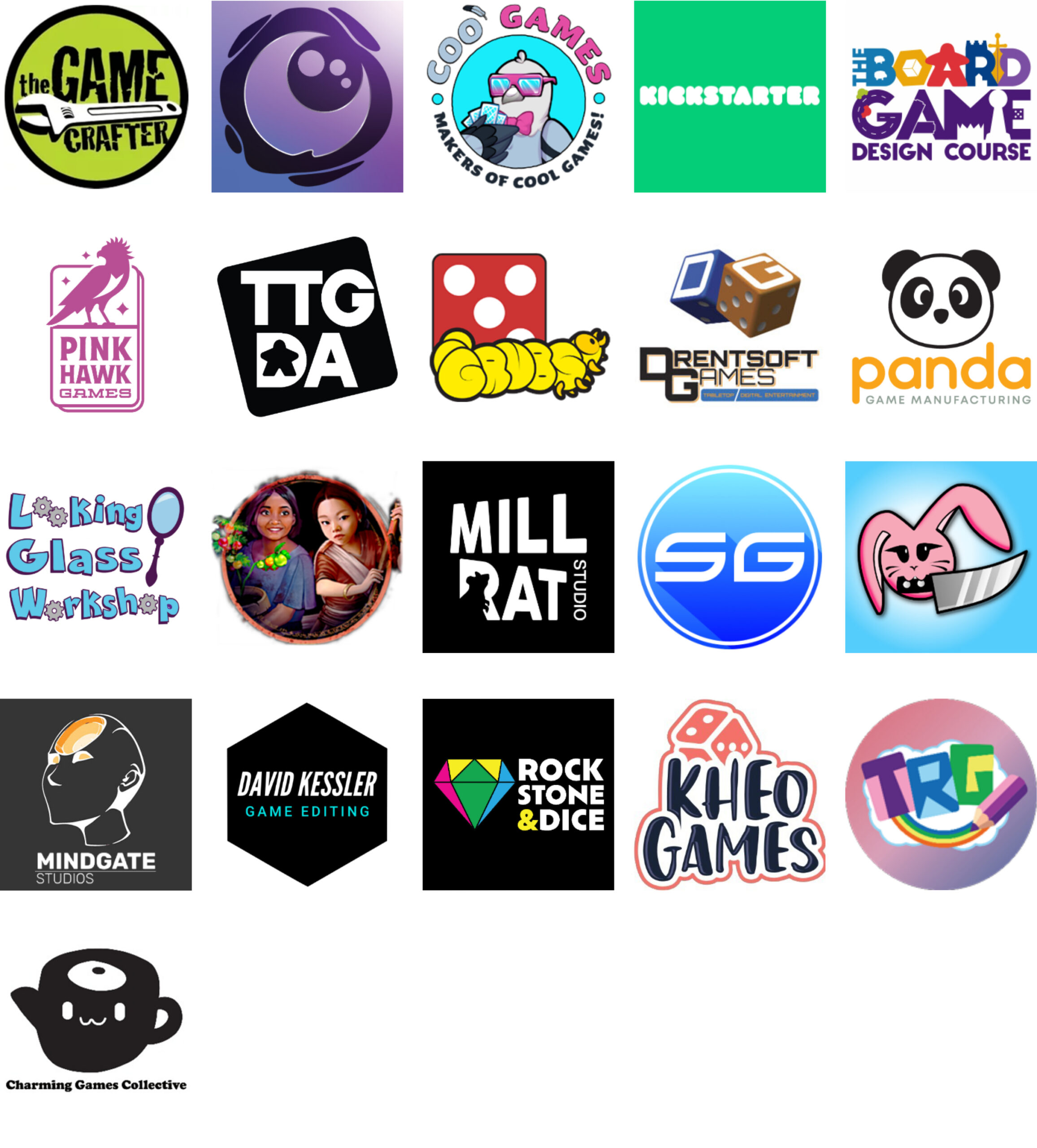 Sponsor logos for May 2026: The Game Crafter, Lunarpunk Games, Coo Games, Kickstarter, The Board Game Design Course, Pink Hawk Games, TTGDA, GRUBS, Drentsoft Games, Panda Game Manufacturing, Looking Glass Workshop, Rakshasa Games, MILLRAT Studio, Soucy Games, Knife Bunny, Mindgate Studios, David Kessler Game Editing, Rock, Stone & Dice™ Games, Kheo Games, Triple Rainbow Games, Charming Games Collective
