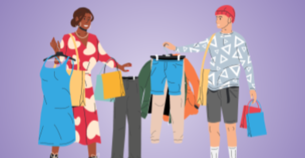 people buying clothes at a thrift shop.