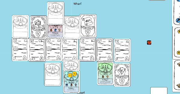 A game of Y'Arrchipelago set up in Screentop partway through a game. In the center of the play area is a row of island cards with players ship cards above and below them. Some ships are face up while others are face down.