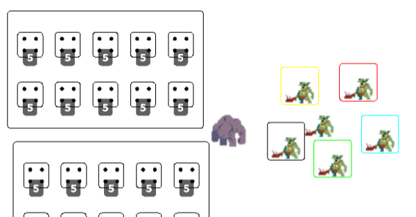 lots of dice and pixel art monsters