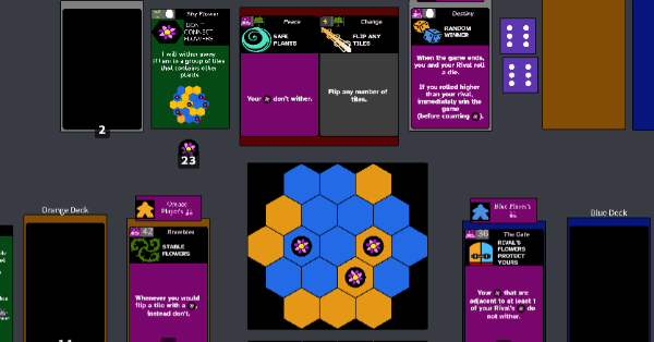 Blue and orange hexagonal grid with flowers on it surrounded by grey and purple cards with lots of text on them