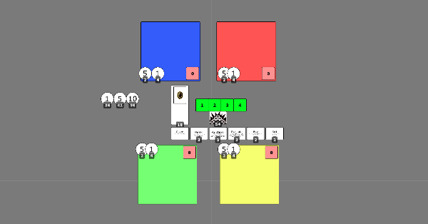 Four player areas based on color, a middle area with cards player bid on and items.