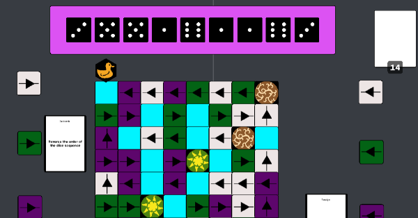 Center - 8x8 grid of assorted colored tiles most containing arrows that together form a long snaking pattern. Top- 9 dice