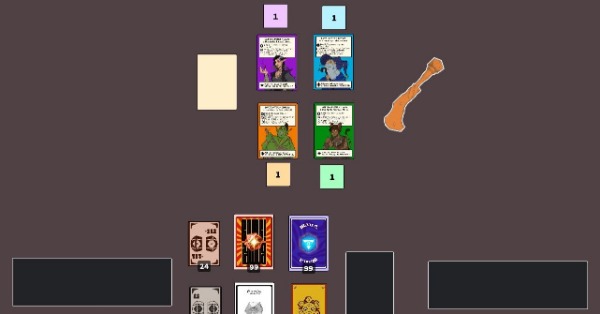 Spellchamber the card game featuring its 4 wizard cards in the middle with the extra cards in the center off to the side.