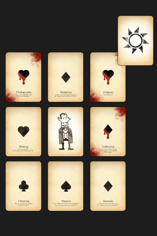A layout of the Town, comprised of a 3x3 grid of cards (including the Vampire)