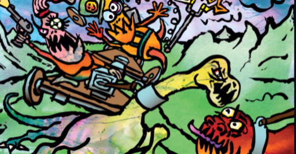 Woblins riding waggons and two dinosaurs fighting