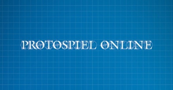 “Protospiel Online” over a blueprint background
