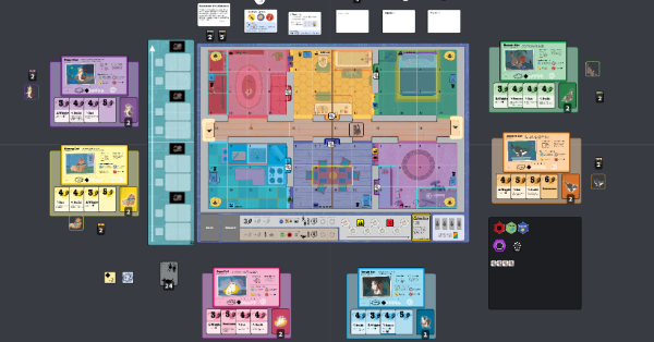 A top down view of a house, player boards of cats