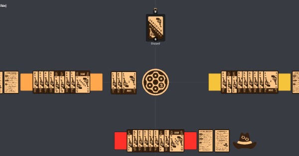 A table-wide view of a 3 player game of Ricochet, displaying players' hands of cards.