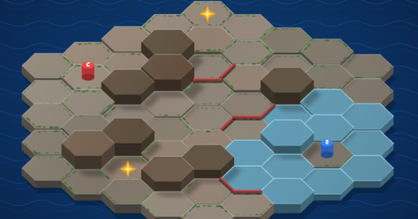A hex board with terrain features and elevation, a blue and a red pawn at two extremes.