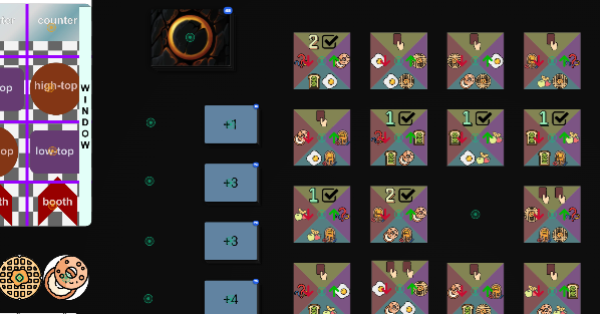 A 4 x 4 grid of tiles with food and other actions, part of a diner board