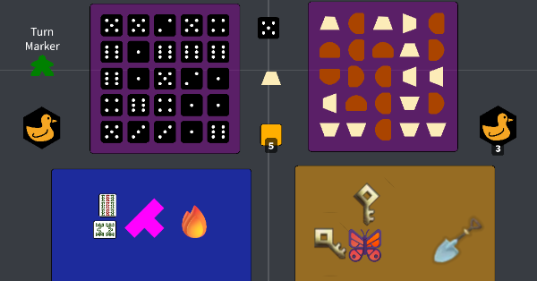 Top left: a 5x5 grid of dice with various values. Top Right: a 5x5 grid of tan trapezoids and  dark brown semi-circles with various orientations.  Bottom left: An arrangment of random pieces containing  2 mahjong tiles, a tetris piece, and a fire emoji.  Bottom Right: An arrangement of random pieces containing 2 keys, a buterfly, and a shovel
