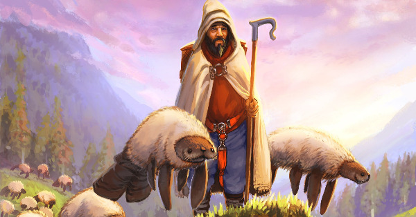 A shepherd brings their flock of sheep-manattee hybrids to the Skyhaven autumn festival
