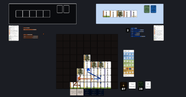 Skythread playtest in progress on screentop.gg. Players play Tree cards in the forest, rig ziplines and bridges, and ride ziplines using their Guides.