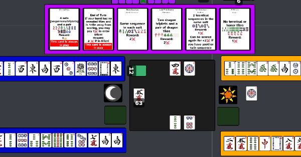 4 hands of mahjong tiles with a center drafting structure and a top mission board (full of cards with Yaku from Riichi Mahjong)