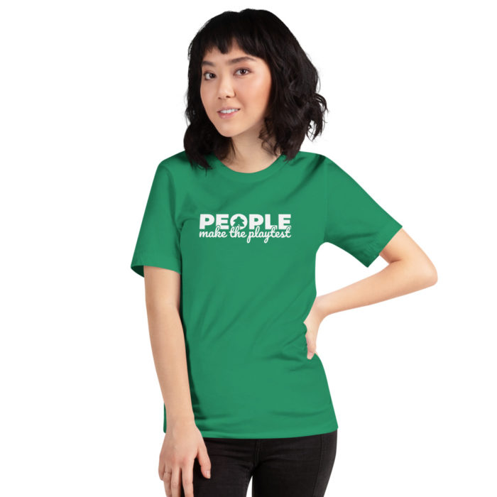 people make the playtest the little meeple unisex premium t-shirt kelly womens front