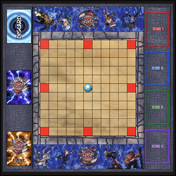 The arena for the Clash of the Genres tournament. 11x11 square grid. Red Player Spawn, Center Space bonus!