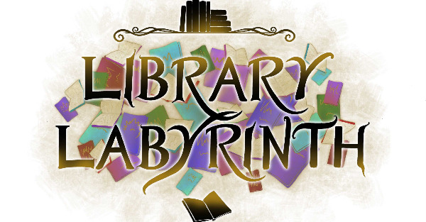 Library Labyrinth title treatment - multicoloured books scattered behind the words Library Labyrinth