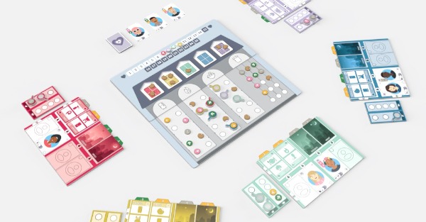 A digital rendering of Roux Mates. The apartment board sits in the center of the table surrounded by player mats in five unique colors. Various tokens and cards are placed across the entire play area.