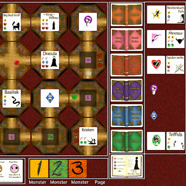 TTS screenshot showing maze tiles, book categories, action cards, and monster tiles