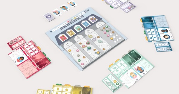 A digital rendering of Roux Mates. The apartment board sits in the center of the table surrounded by player mats in five unique colors. Various tokens and cards are placed across the entire play area.