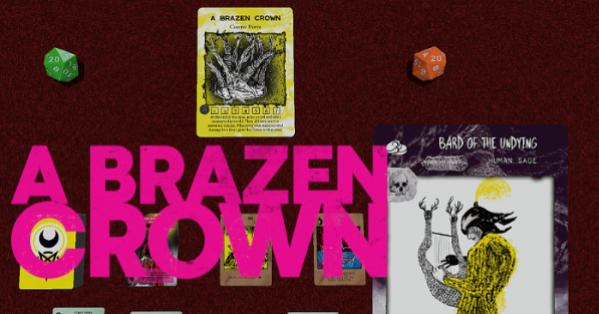 A Brazen Crown logo, against a backdrop of the digital prototype on Tabletop Simulator