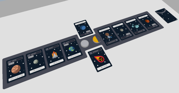 A digital rendering of Saros. Cards with illustrations of space are lined up in a row.