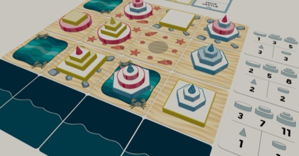 A digital rendering of Sandcastle. Many tiles resembling beach terrain are laid out in a grid. Each tile has stacked tokens on top resembling the tiers of a sandcastle.