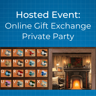 Hosted Event: Online Gift Exchange Private Party - scene showing several gifts in picture frames on a wall next to a doorway leading to a room with a fireplace