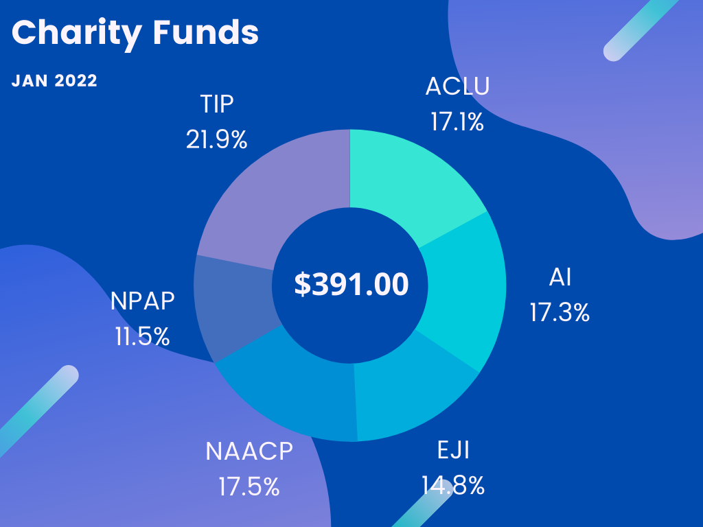 Charity Funds Jan 2022 -- $391.00: ACLU 17.1%, AI 17.3% EJI 14.8%, NAACP 17.5%, NPAP 11.5%, TIP 21.9%