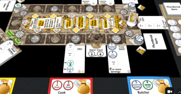 Players cooperate to serve dishes to giants at a feast while maneuvering a harp to control where the giants are sitting to maximize treasure and items they can steal