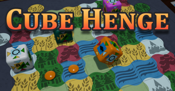 Cube Henge title image, showing cube shaped player pawns and tokens placed on a grid map.