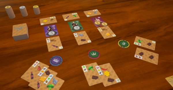 A card game in progress containing various cards and tokens. Cards display a queen, prince, and princess along with various foods.