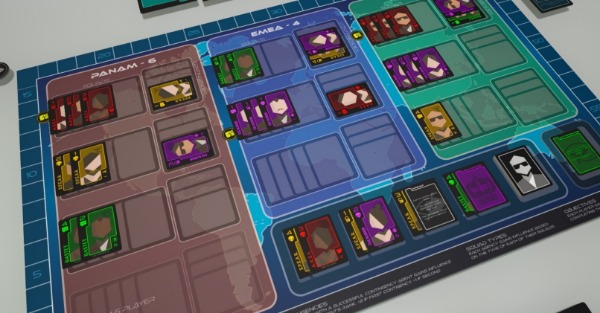 A board game featuring cards laid out on a folding board. The board is separated into multiple regions representing parts of the world, and the cards feature various secret agents.