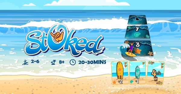 Stoked is a single card blind bidding game about catching waves at the beach... while avoiding sharks!