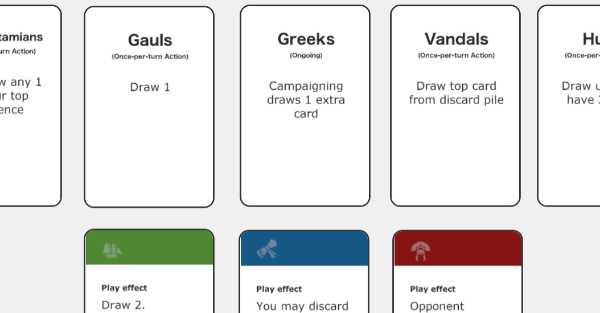 Preview of several cards from the game, Ambition Rome