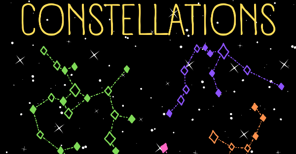 A group of four different colored constellations (green, purple, pink, and orange) are on a black background with the game title 