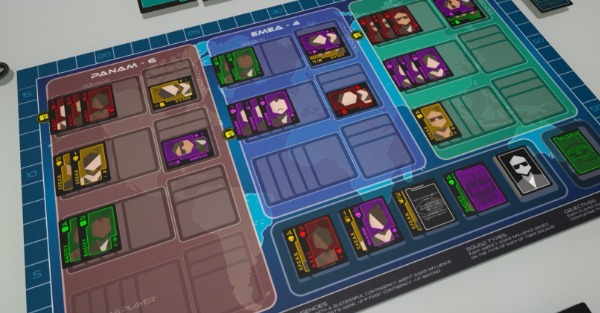 A game board containing various secret agents cards placed into three regions of the world.