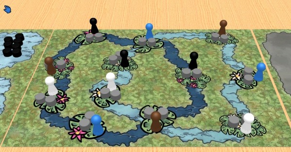 Two circular rivers linked together. Many lillypads lie on the rivers, with pieces on top of them