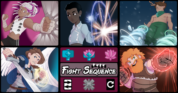 Fight Sequence character banner, Alexandra, Luna, Domino, Gregor, Zephyr