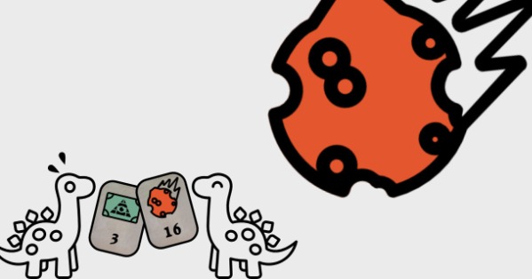 Two dinosaurs are playing cards, one holding a paper dollar card, and the other a comit rock card. One seems happy while the other seems distressed by a fast approaching comet.