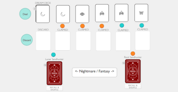 A deck of shared dreamcards dealt in a row, influence tokens, two individual Sandhunter decks and a Fantasy/Nightmare indicator.