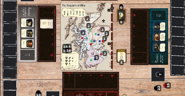 Board depicting a map of ancient Scotland with cubes on it and player boards with spaces for cards