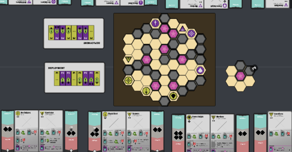 Scars of Aether, a tabletop board game currently on Screentop.gg, is being played by 2 players. It is a skirmish game played on a hex grid featuring large Aether Crystals.