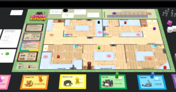 A game board with the layout of a house, individual cat player cards, gaming components