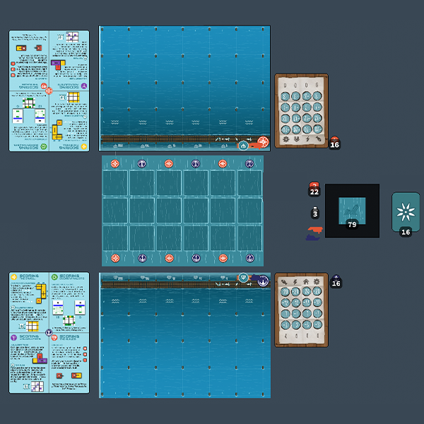 A top down shot of a game setup using an online tabletop simulator