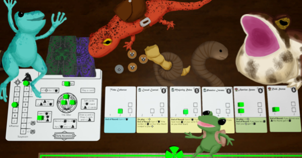 player board and cards laid out with cubes on them. Multiple amphibians are drawn over the screenshot