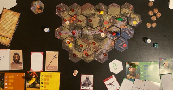 Mayab board game layout, tile-based map, character sheets, cards