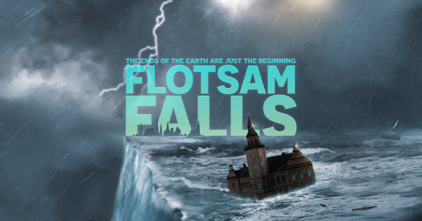 Flotsam Falls logo showing an endless waterfall at the edge of the world. A building, perhaps a town hall floats towards the edge.